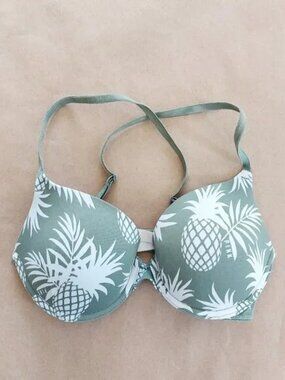 PINK Victoria's Secret Olive Pink Pineapple Swim Top Pushup Bra 32D